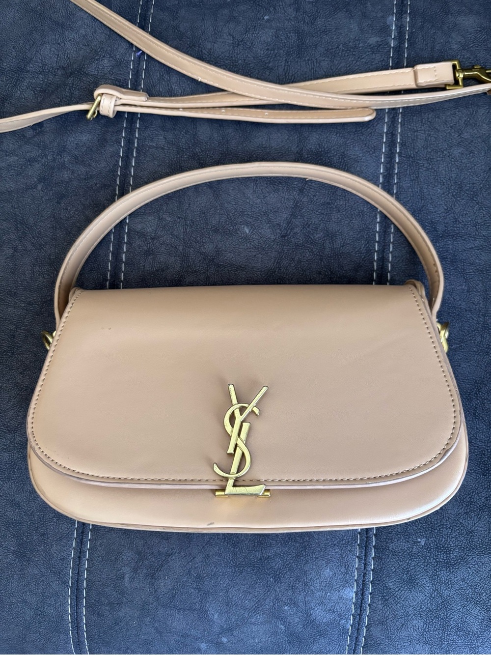 Saint Laurent Nude Beige Leather Shoulder Bag with Gold YSL Logo